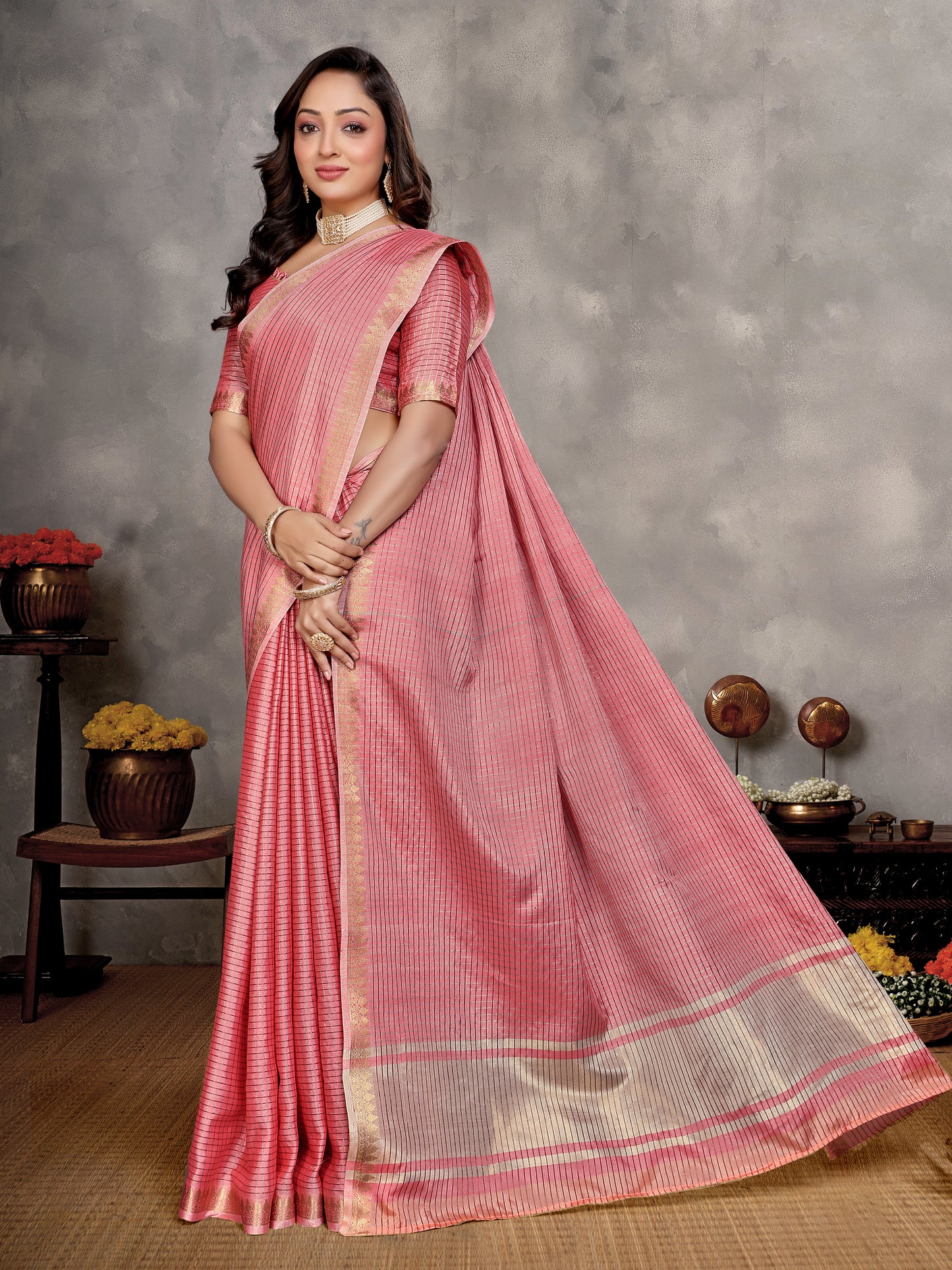 Pink Zari checks Silk Couple Set Kurta and Saree with Jacquard Border