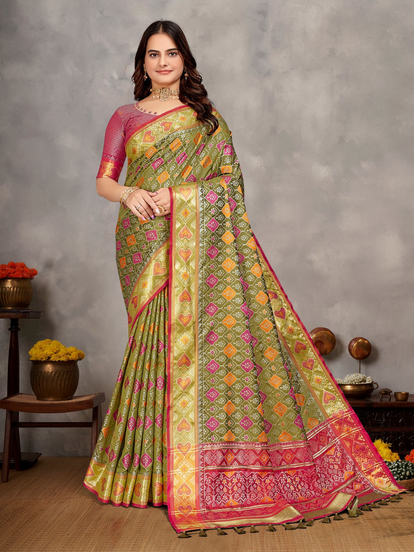 Elegant Men's Kurta With Jacquard Silk Koti & Women's Saree Set in Olive Green