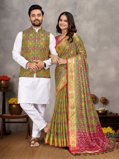Elegant Men's Kurta With Jacquard Silk Koti & Women's Saree Set in Olive Green