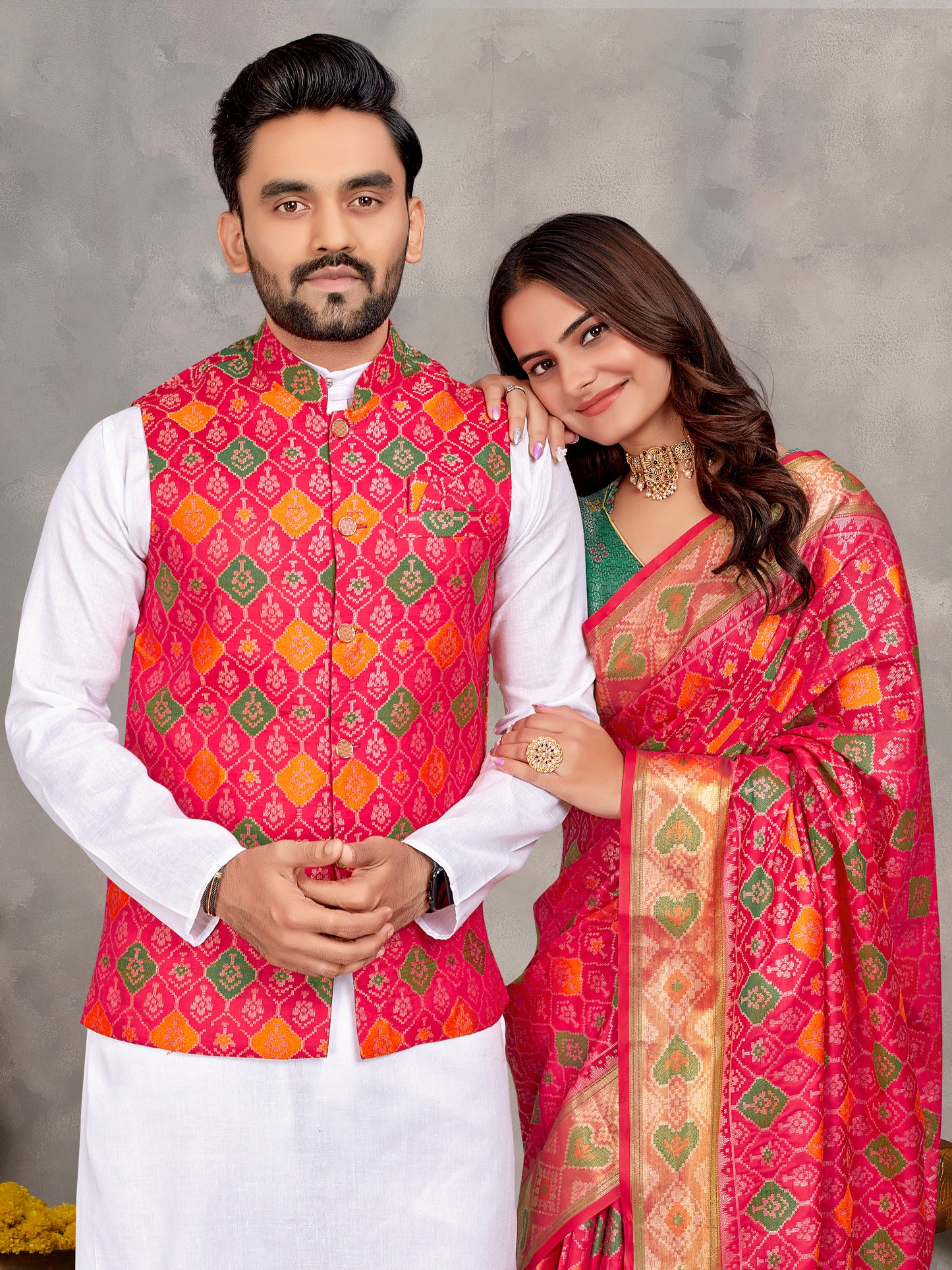 Elegant Men's Kurta With Jacquard Silk Koti & Women's Pink Saree Set