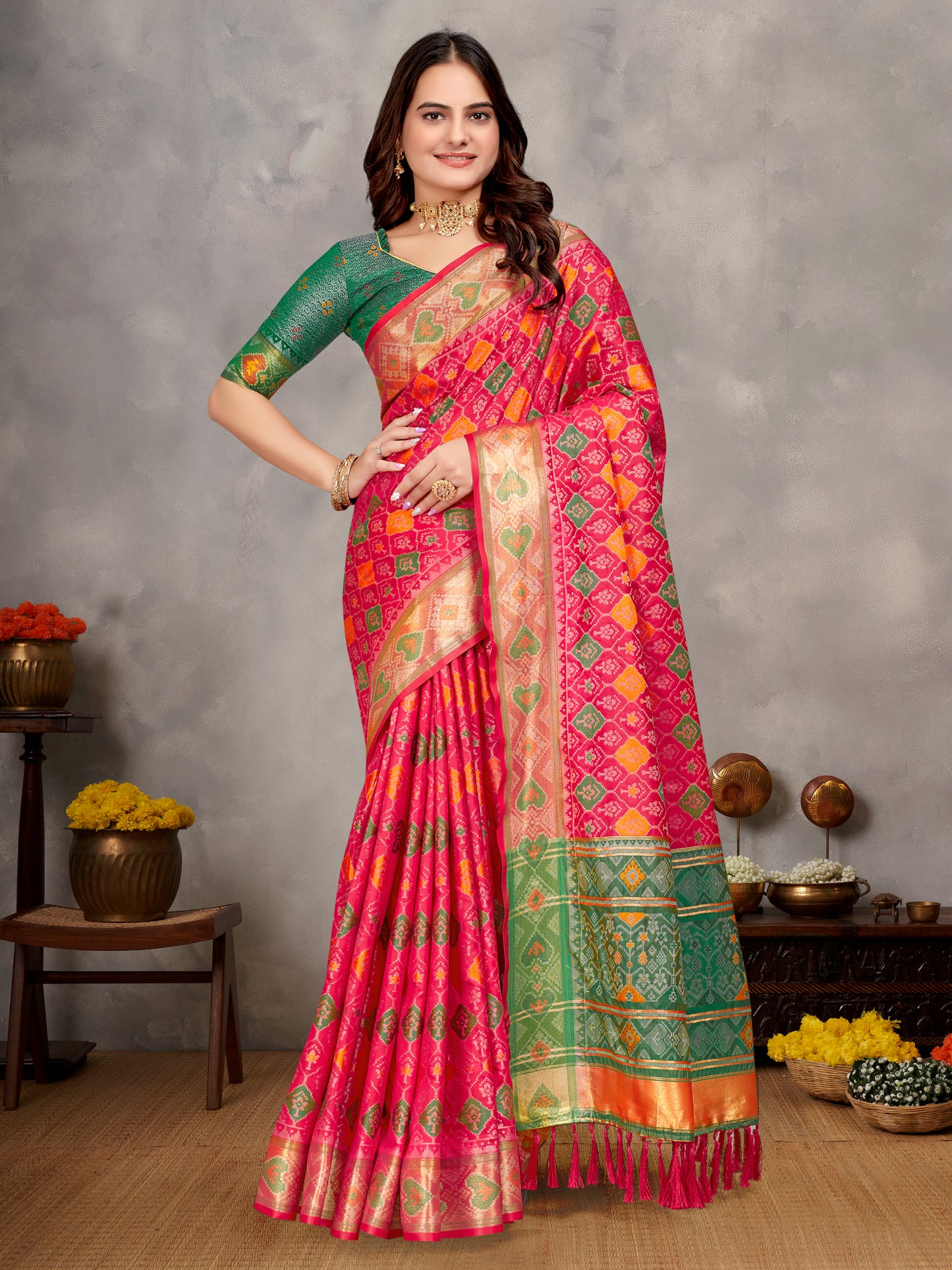 Elegant Men's Kurta With Jacquard Silk Koti & Women's Pink Saree Set