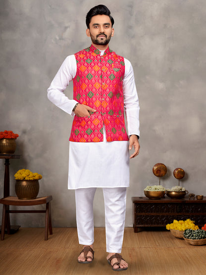 Elegant Men's Kurta With Jacquard Silk Koti & Women's Pink Saree Set