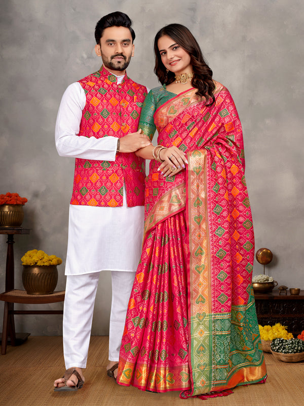 Elegant Men's Kurta With Jacquard Silk Koti & Women's Pink Saree Set
