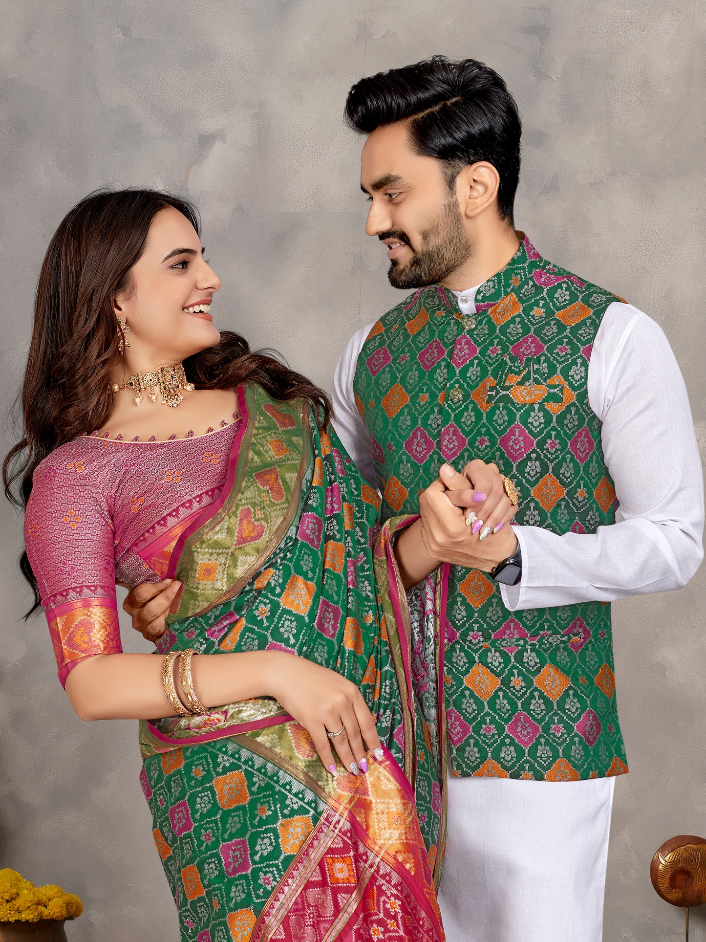 Elegant Men's Kurta With Jacquard Silk Koti & Women's Green Saree Set