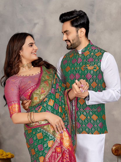 Elegant Men's Kurta With Jacquard Silk Koti & Women's Green Saree Set
