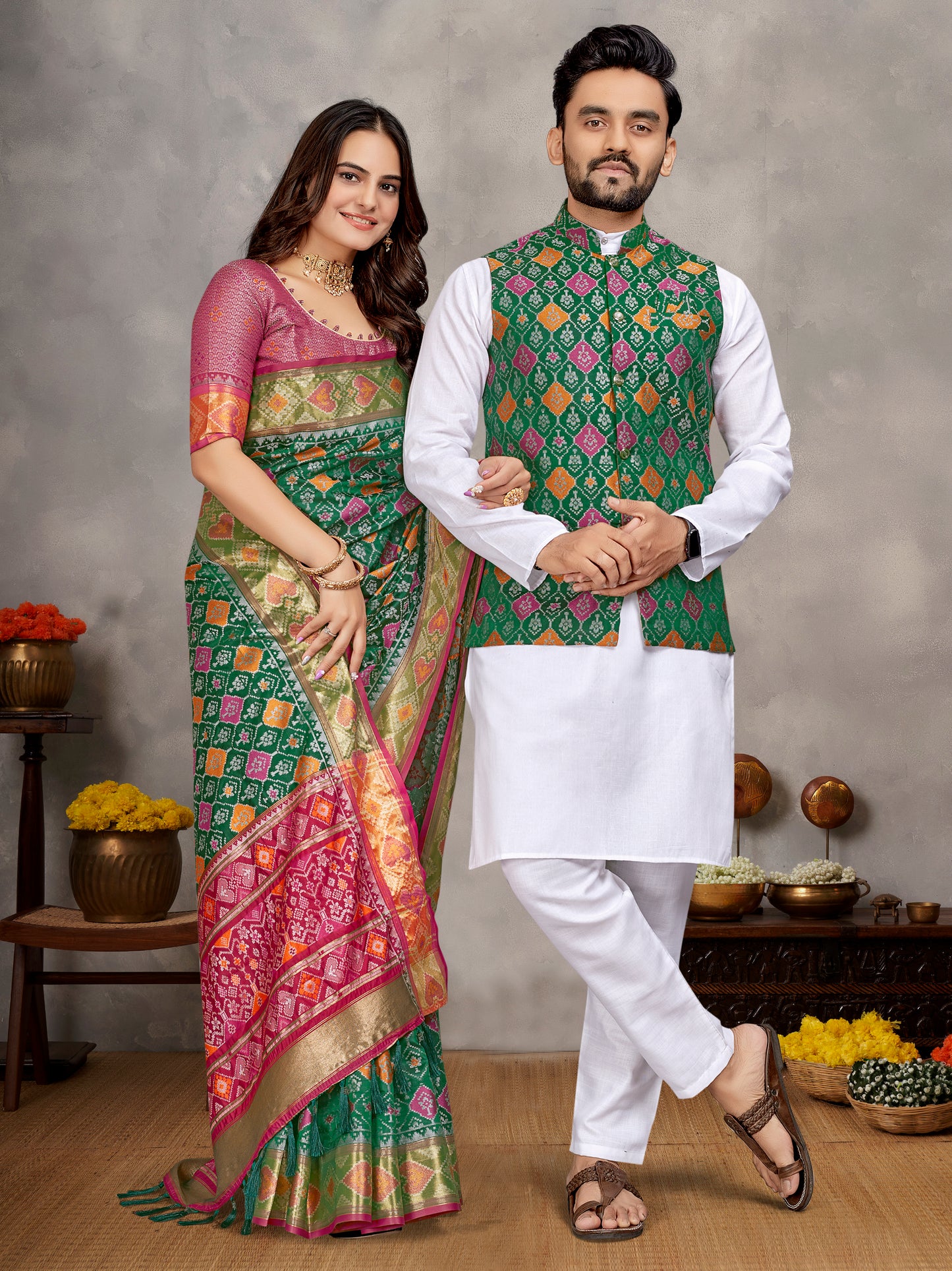 Elegant Men's Kurta With Jacquard Silk Koti & Women's Green Saree Set