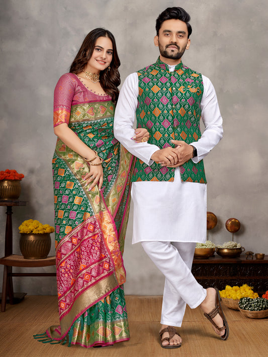 Elegant Men's Kurta With Jacquard Silk Koti & Women's Green Saree Set