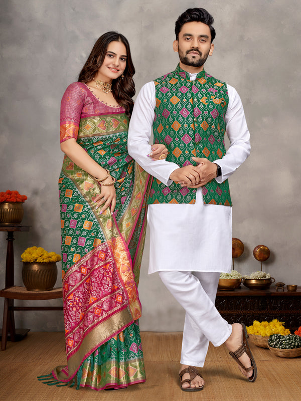 Elegant Men's Kurta With Jacquard Silk Koti & Women's Green Saree Set