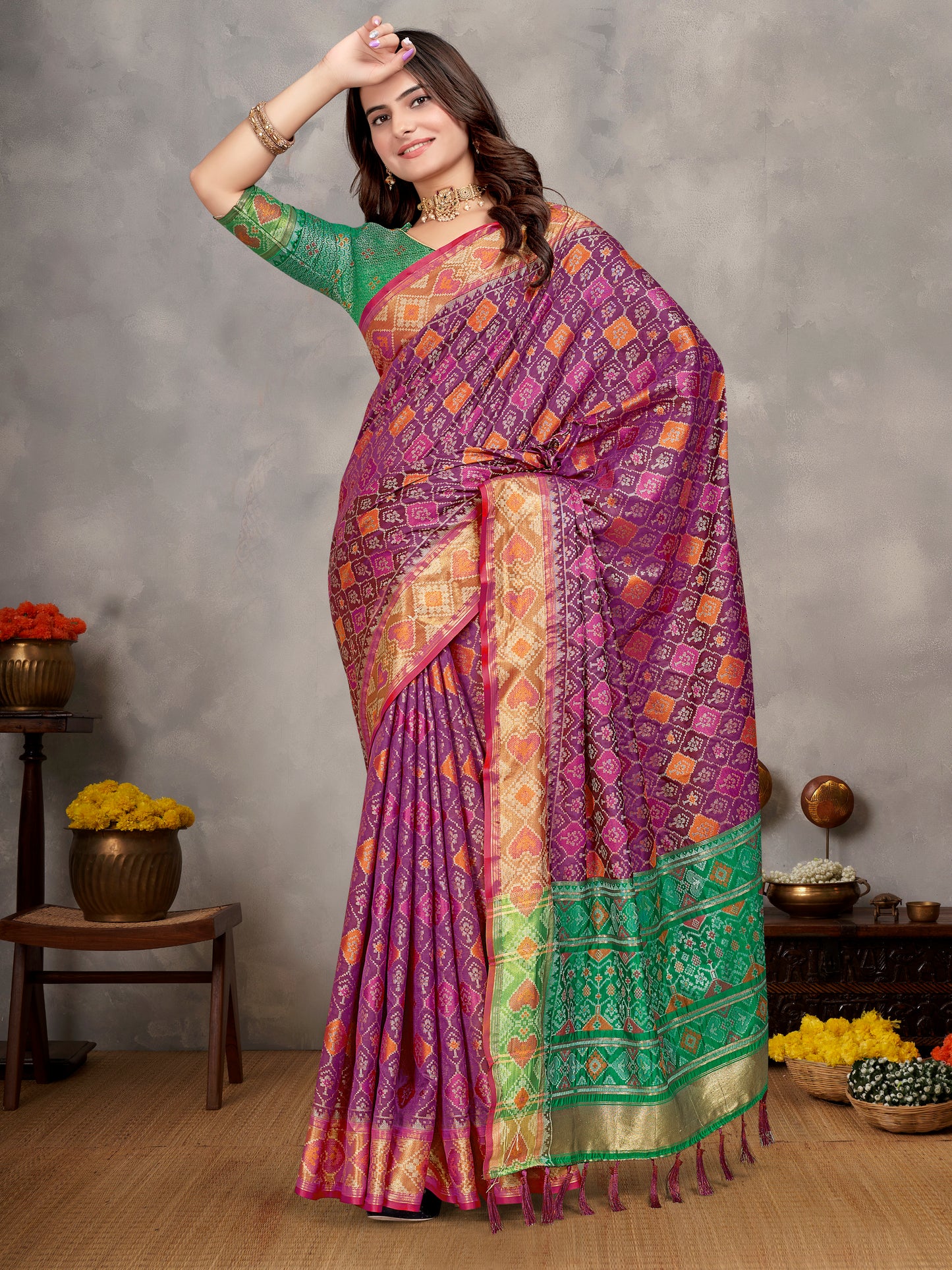 Elegant Men's Kurta With Jacquard Silk Koti & Women's Purple Saree Set