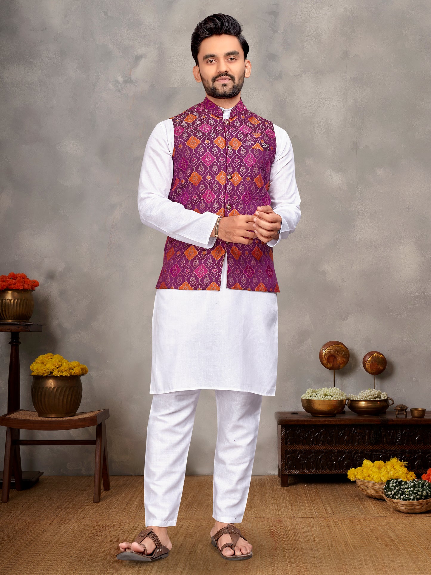 Elegant Men's Kurta With Jacquard Silk Koti & Women's Purple Saree Set