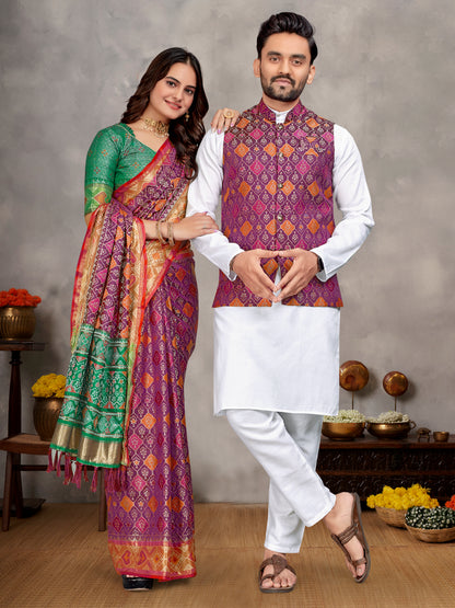 Elegant Men's Kurta With Jacquard Silk Koti & Women's Purple Saree Set
