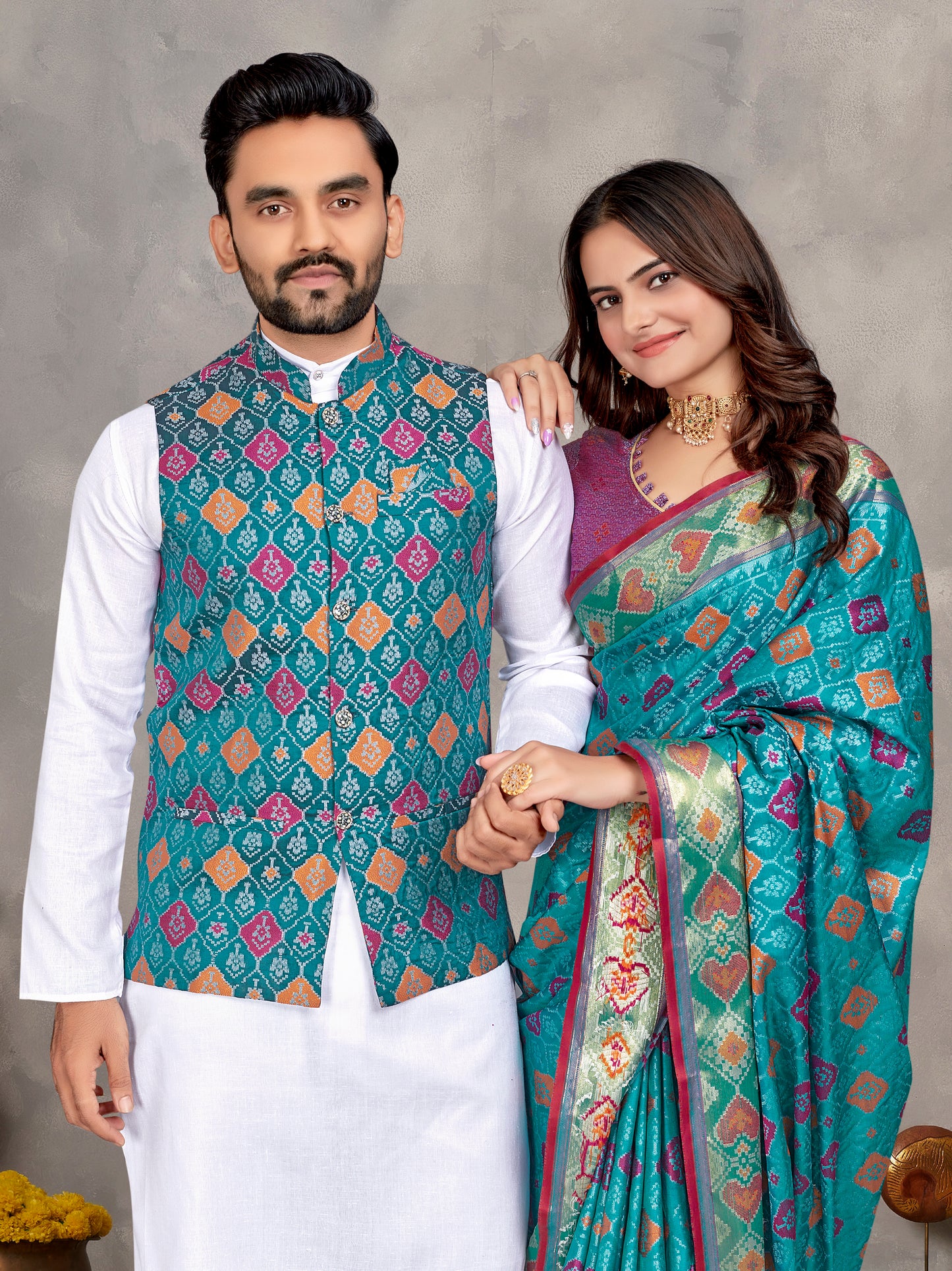 Elegant Men's Kurta With Jacquard Silk Koti & Women's Aqua Blue Saree Set