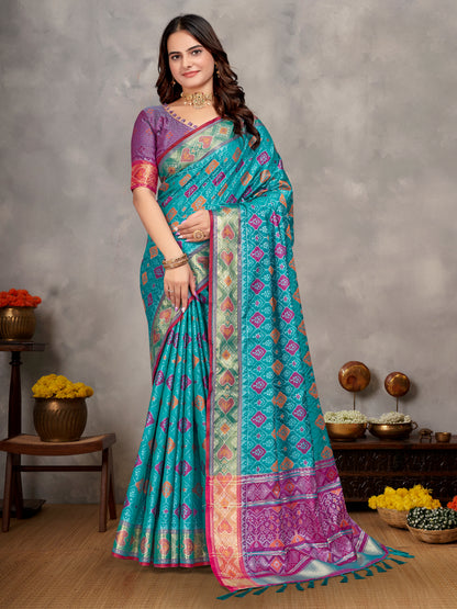 Elegant Men's Kurta With Jacquard Silk Koti & Women's Aqua Blue Saree Set