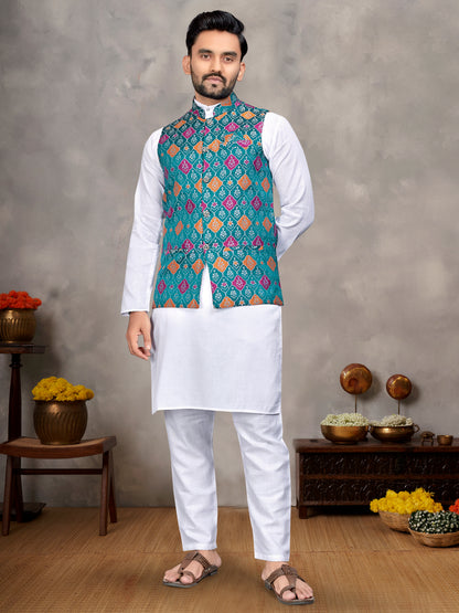 Elegant Men's Kurta With Jacquard Silk Koti & Women's Aqua Blue Saree Set
