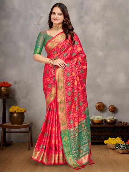 Elegant Men's Kurta With Jacquard Silk Koti & Women's Red Saree Set