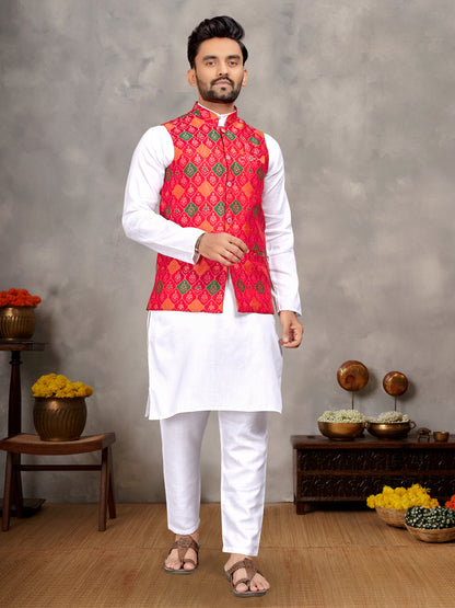 Elegant Men's Kurta With Jacquard Silk Koti & Women's Red Saree Set