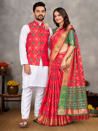 Elegant Men's Kurta With Jacquard Silk Koti & Women's Red Saree Set