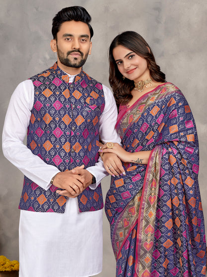 Elegant Men's Kurta With Jacquard Silk Koti & Women's Navy Blue Saree Set