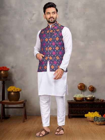 Elegant Men's Kurta With Jacquard Silk Koti & Women's Navy Blue Saree Set