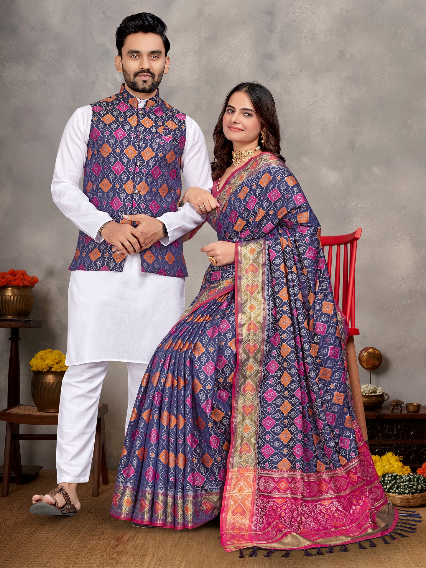 Elegant Men's Kurta With Jacquard Silk Koti & Women's Navy Blue Saree Set