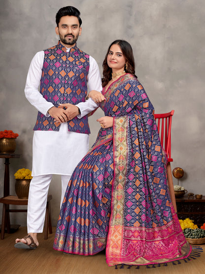 Elegant Men's Kurta With Jacquard Silk Koti & Women's Navy Blue Saree Set