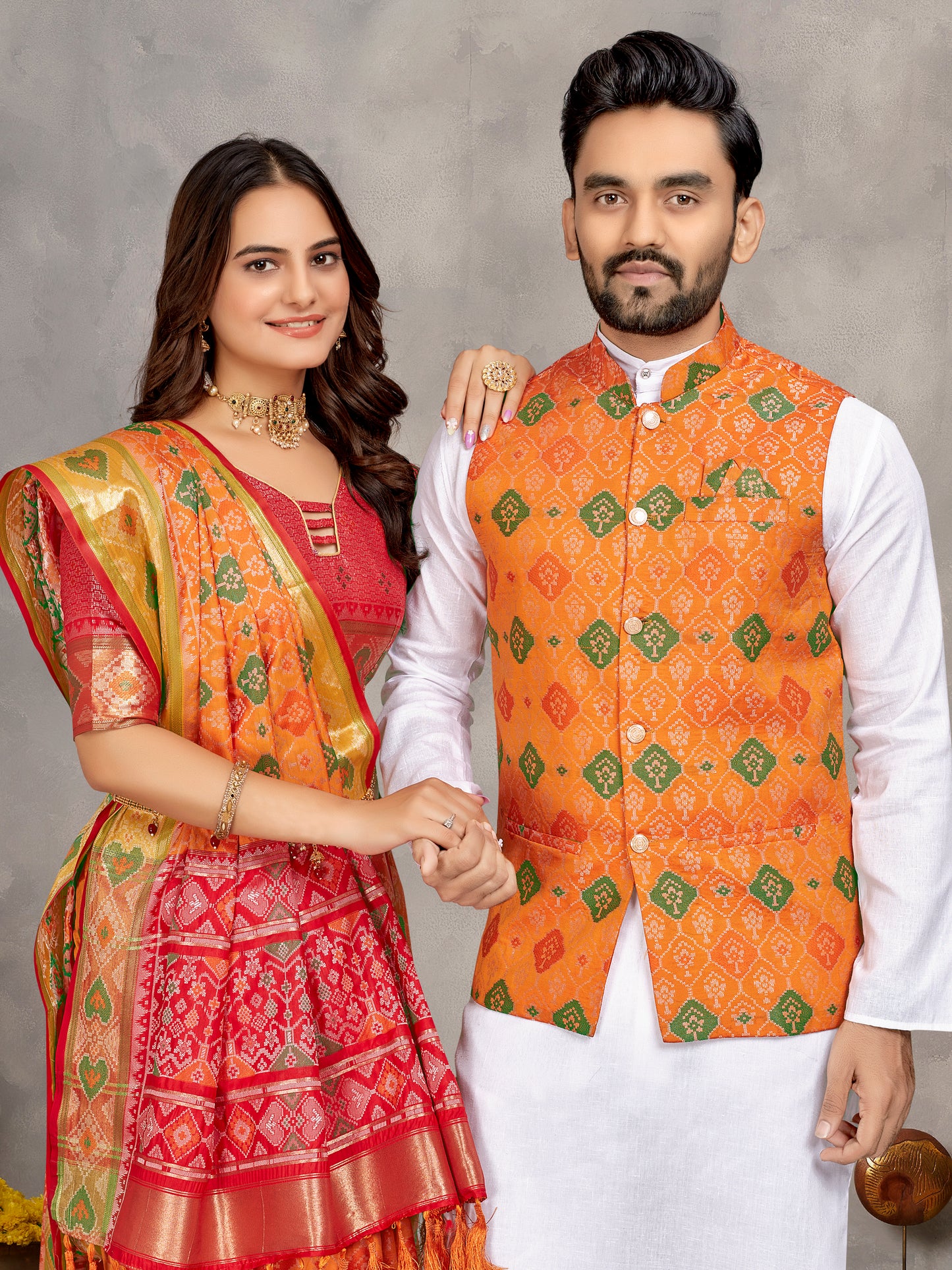 Elegant Men's Kurta With Jacquard Silk Koti & Women's Orange Saree Set