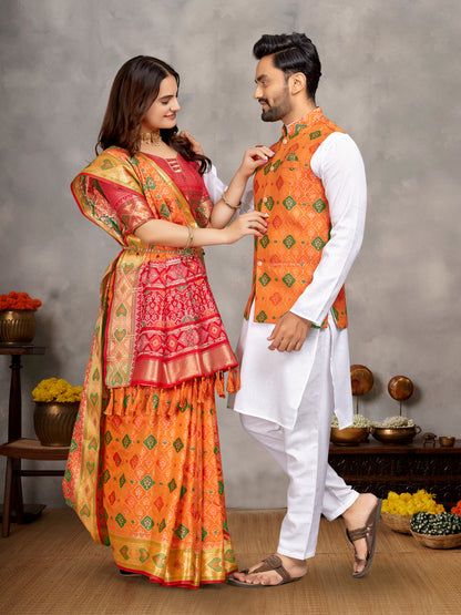 Elegant Men's Kurta With Jacquard Silk Koti & Women's Orange Saree Set