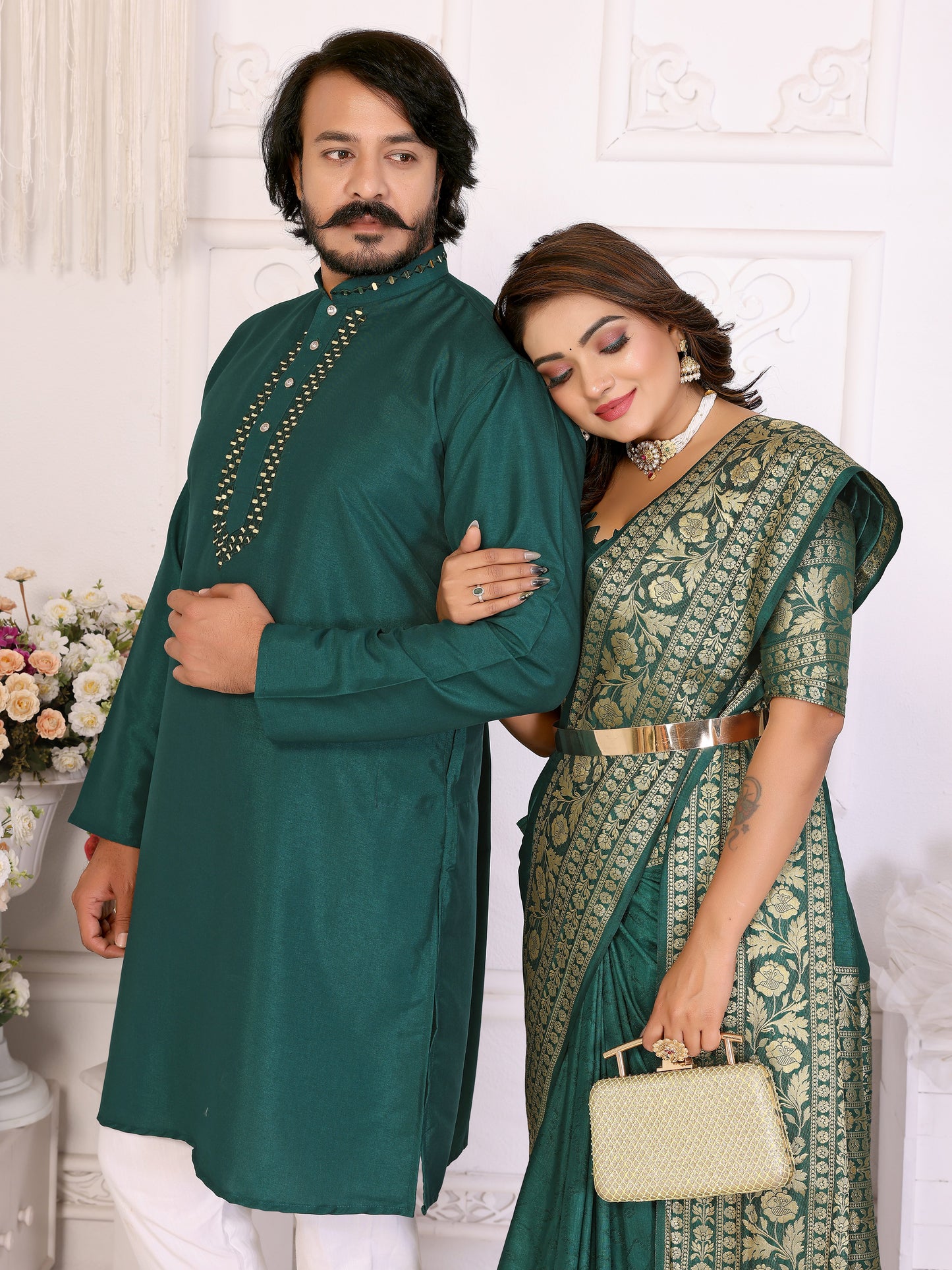 Teal Green Silk Couple Set Kurta and Saree with Jacquard Border