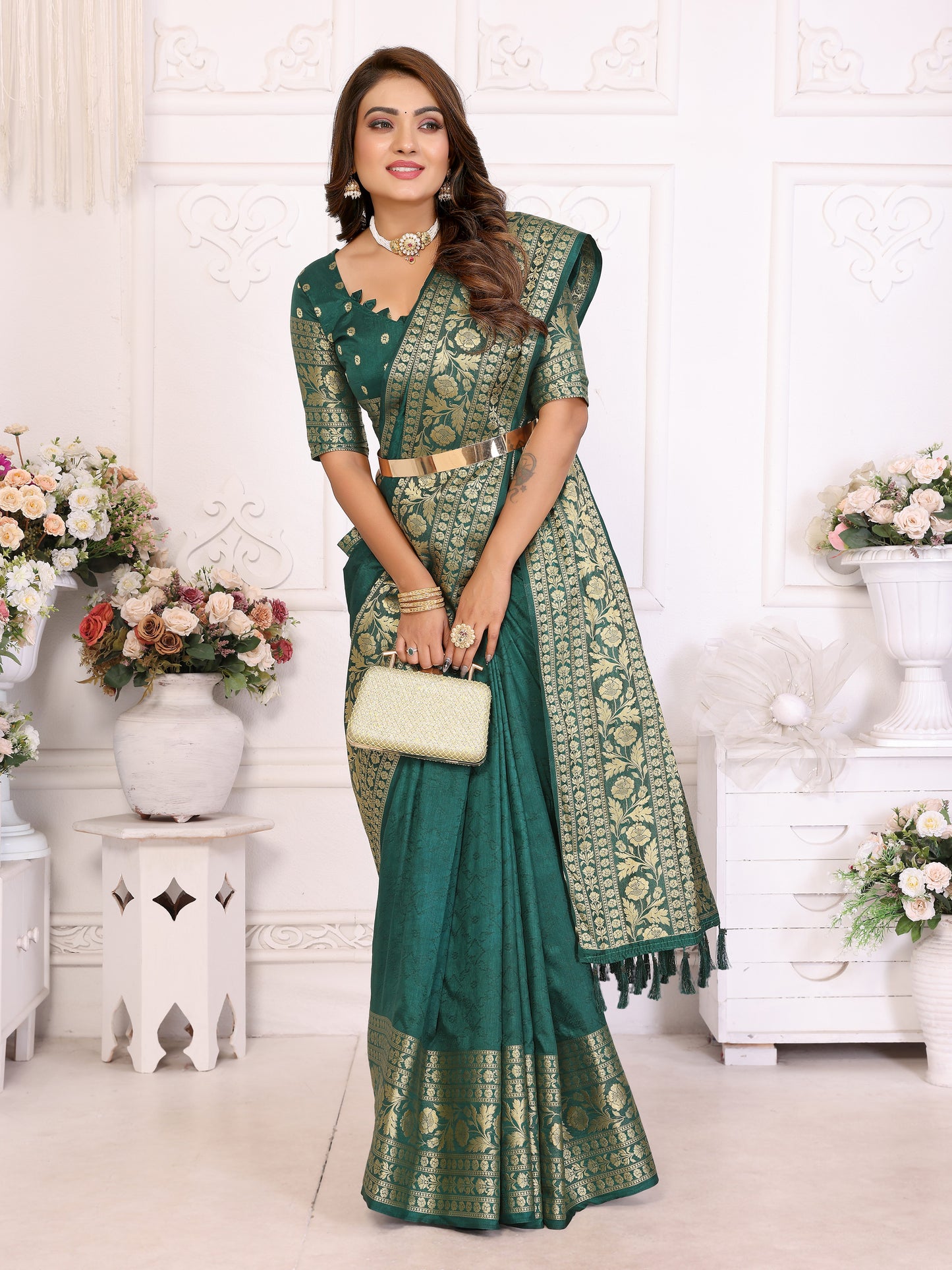 Teal Green Silk Couple Set Kurta and Saree with Jacquard Border