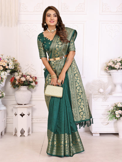 Teal Green Silk Couple Set Kurta and Saree with Jacquard Border