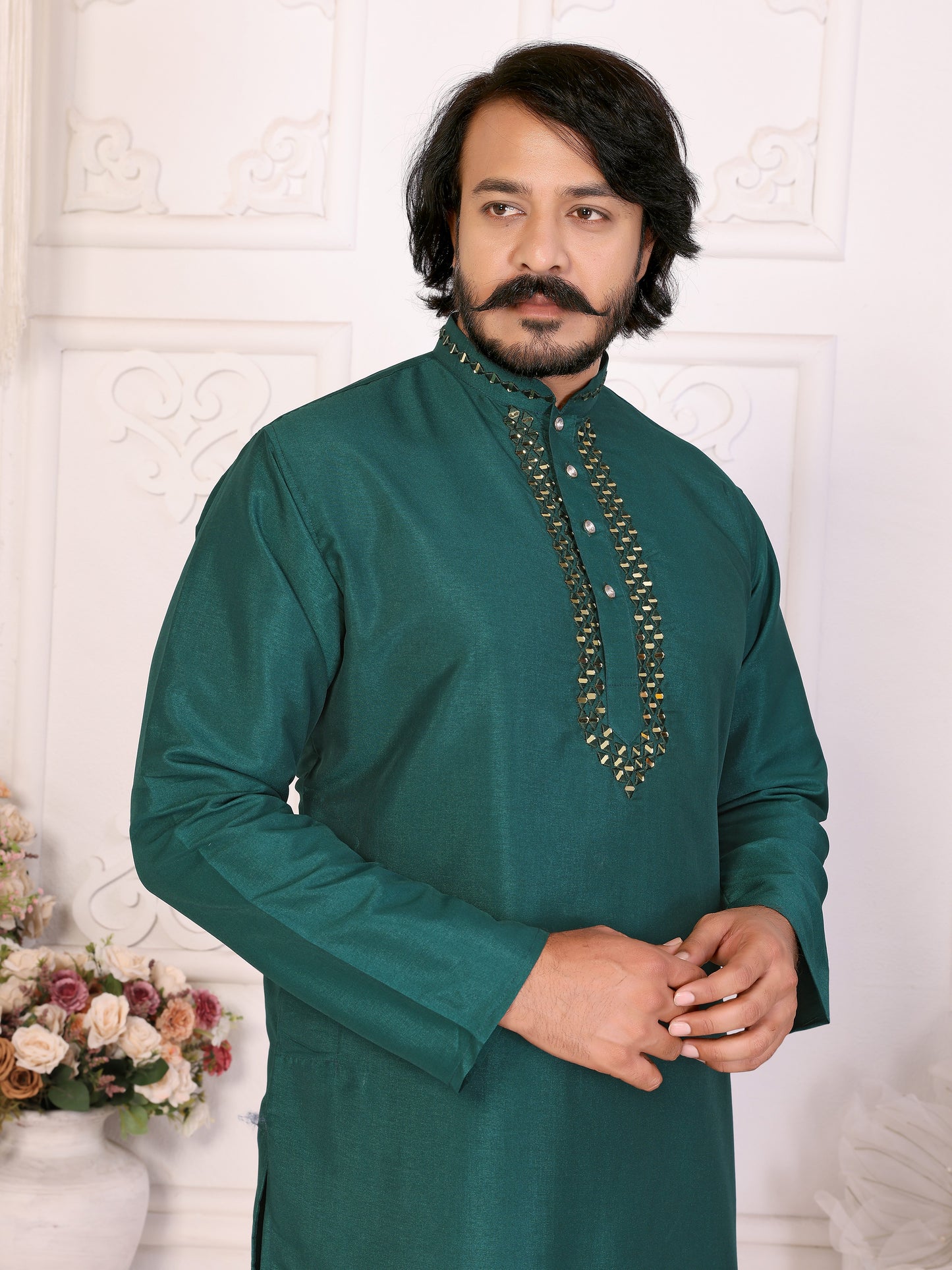 Teal Green Silk Couple Set Kurta and Saree with Jacquard Border