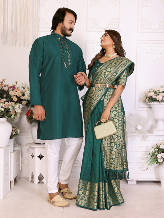 Teal Green Silk Couple Set Kurta and Saree with Jacquard Border