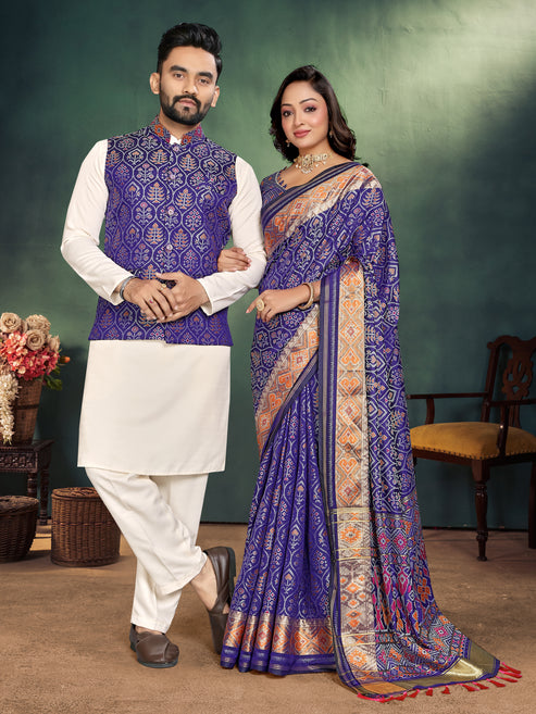 Navy Blue Jacquard Silk Kurta Payjama Koti & Saree Couple Set