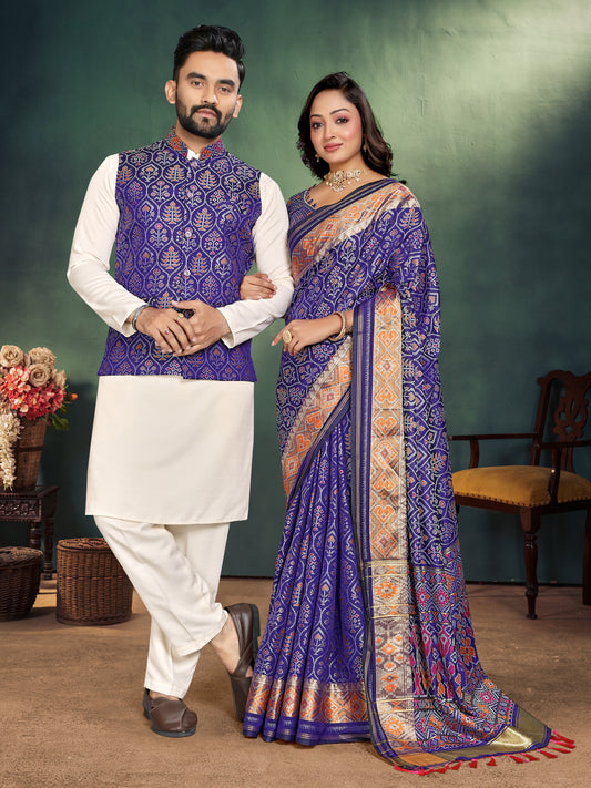 Navy Blue Jacquard Silk Kurta Payjama Koti & Saree Couple Set