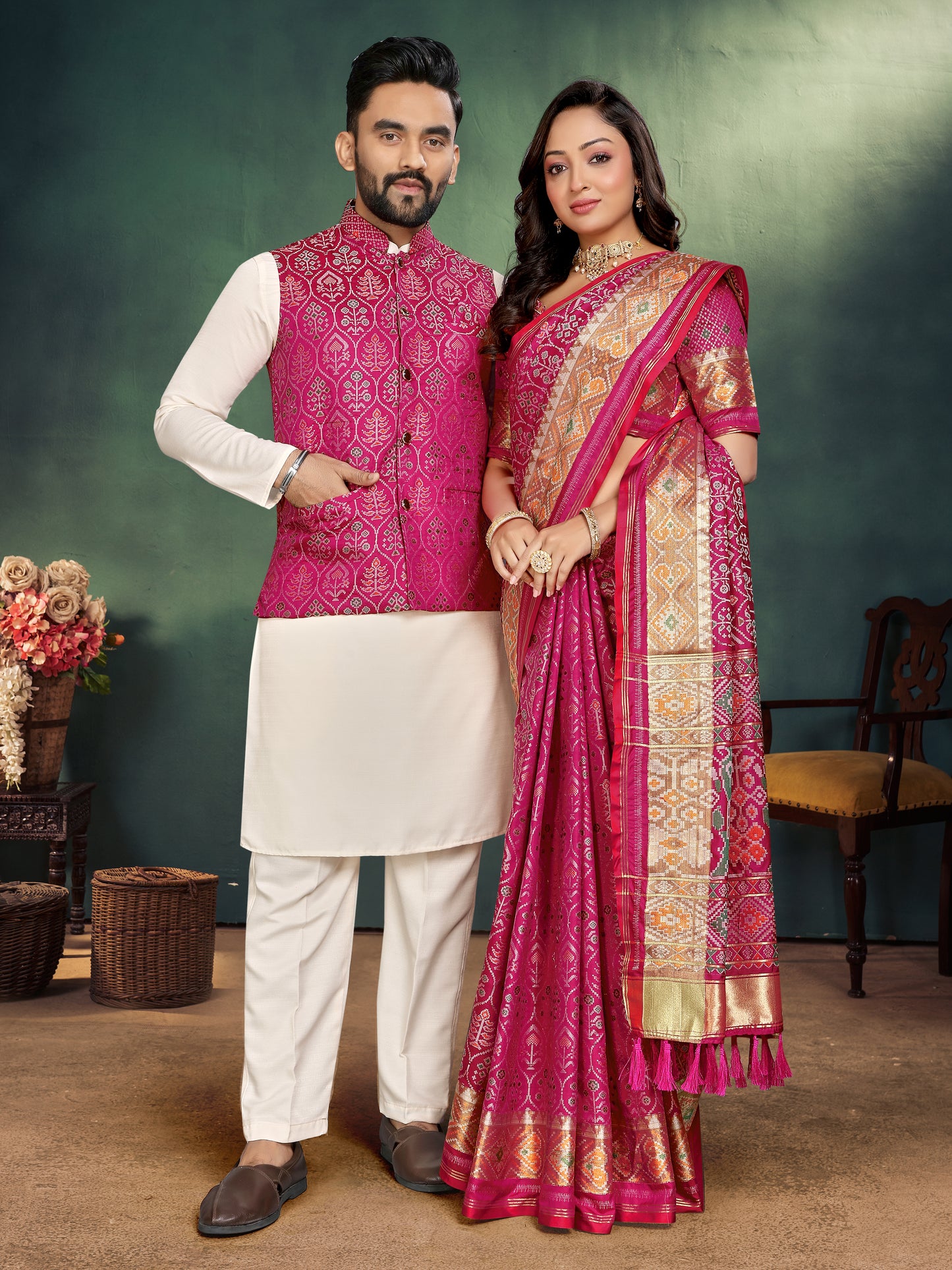 Pink Jacquard Silk Kurta Payjama Koti & Saree Couple Set
