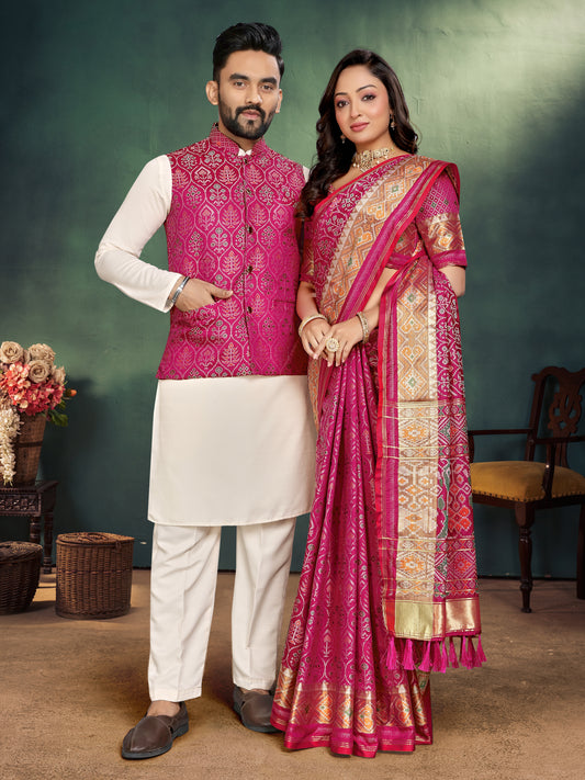 Pink Jacquard Silk Kurta Payjama Koti & Saree Couple Set