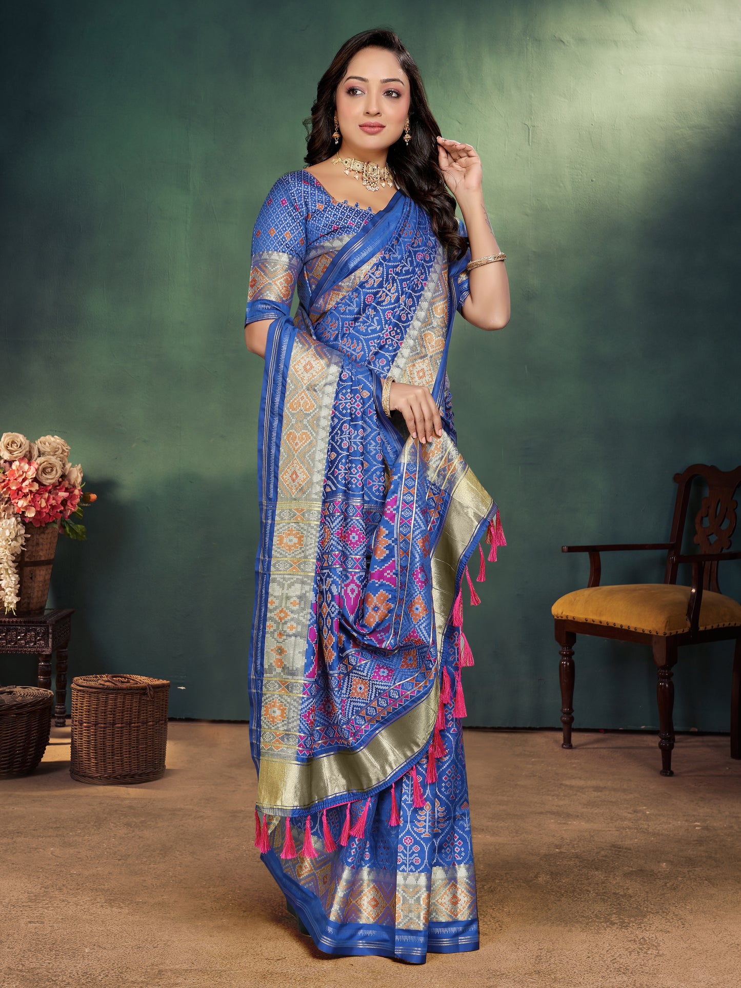 Royal Blue Jacquard Silk Kurta Payjama Koti & Saree Couple Set