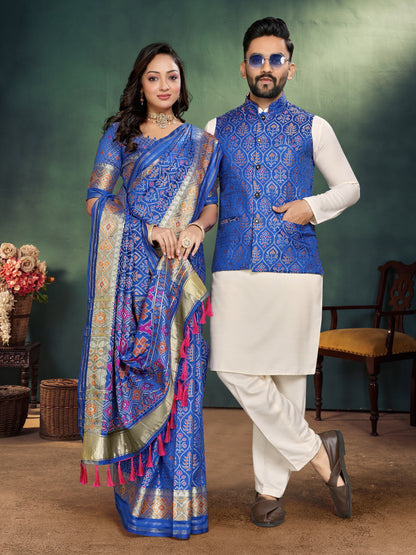 Royal Blue Jacquard Silk Kurta Payjama Koti & Saree Couple Set