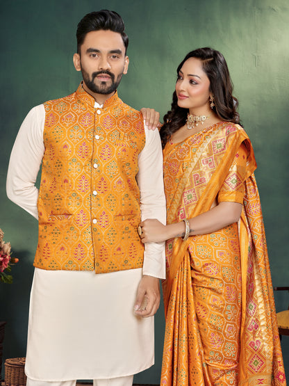 Orange Jacquard Silk Kurta Payjama Koti & Saree Couple Set