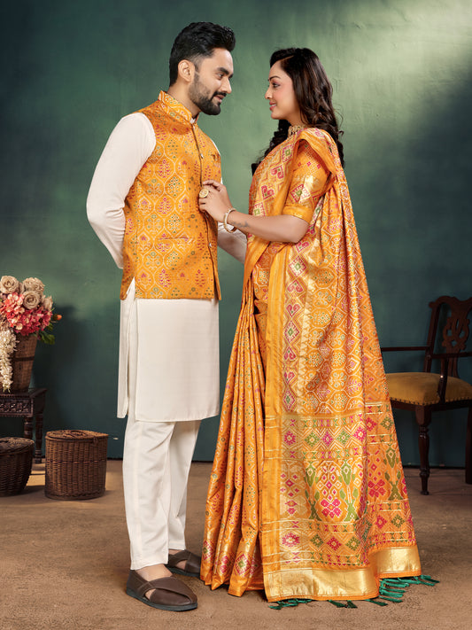 Orange Jacquard Silk Kurta Payjama Koti & Saree Couple Set