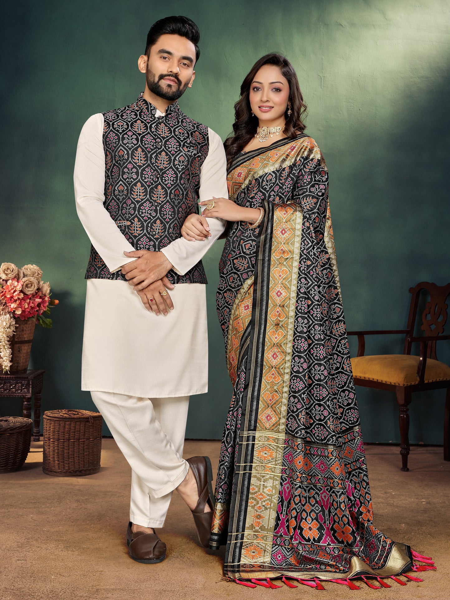 Black Jacquard Silk Kurta Payjama Koti & Saree Couple Set