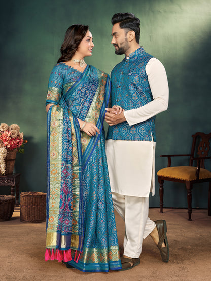 Sky Blue Jacquard Silk Kurta Payjama Koti & Saree Couple Set