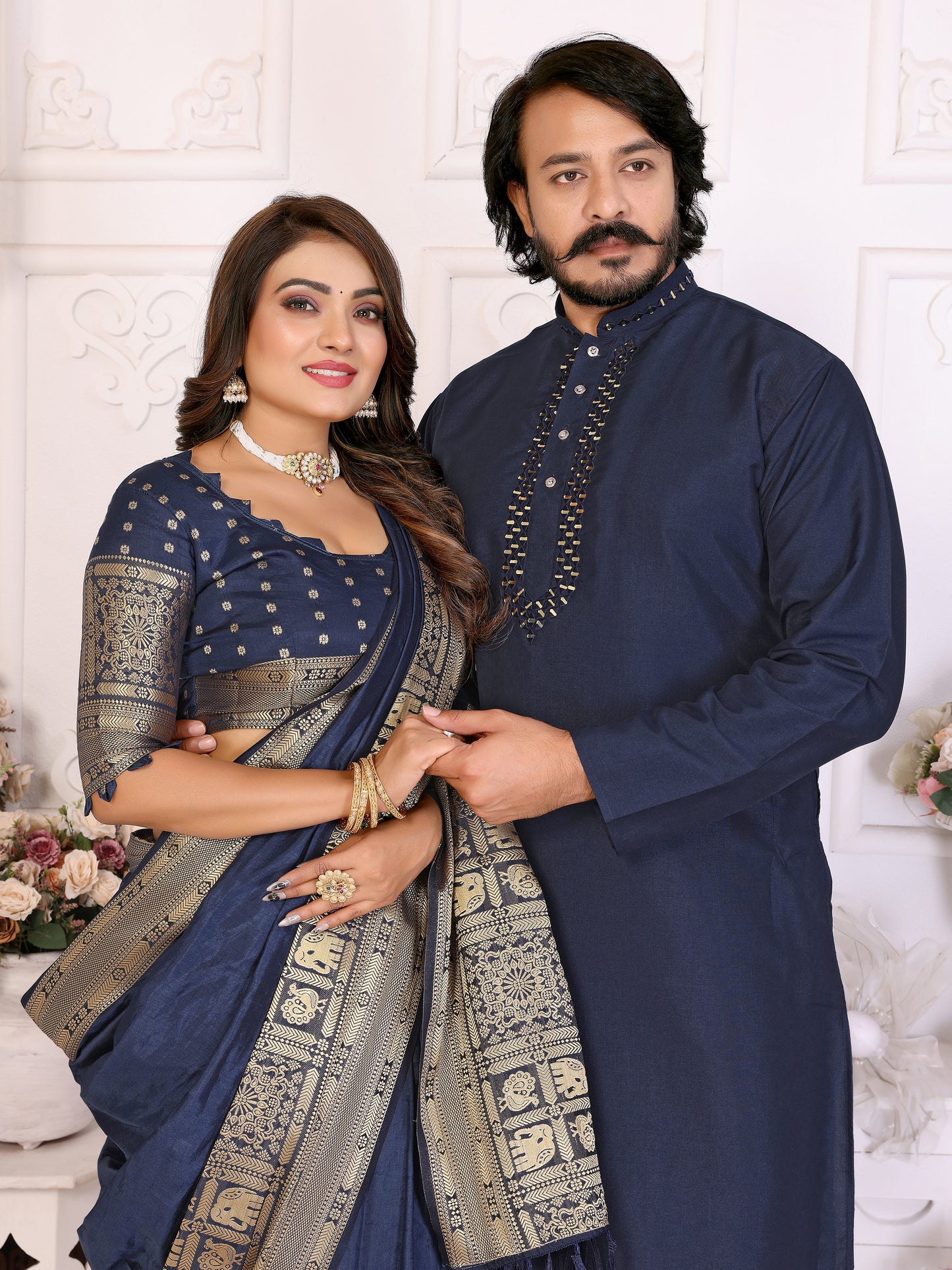 Navy Blue Silk Couple Set Kurta and Saree with Jacquard Border