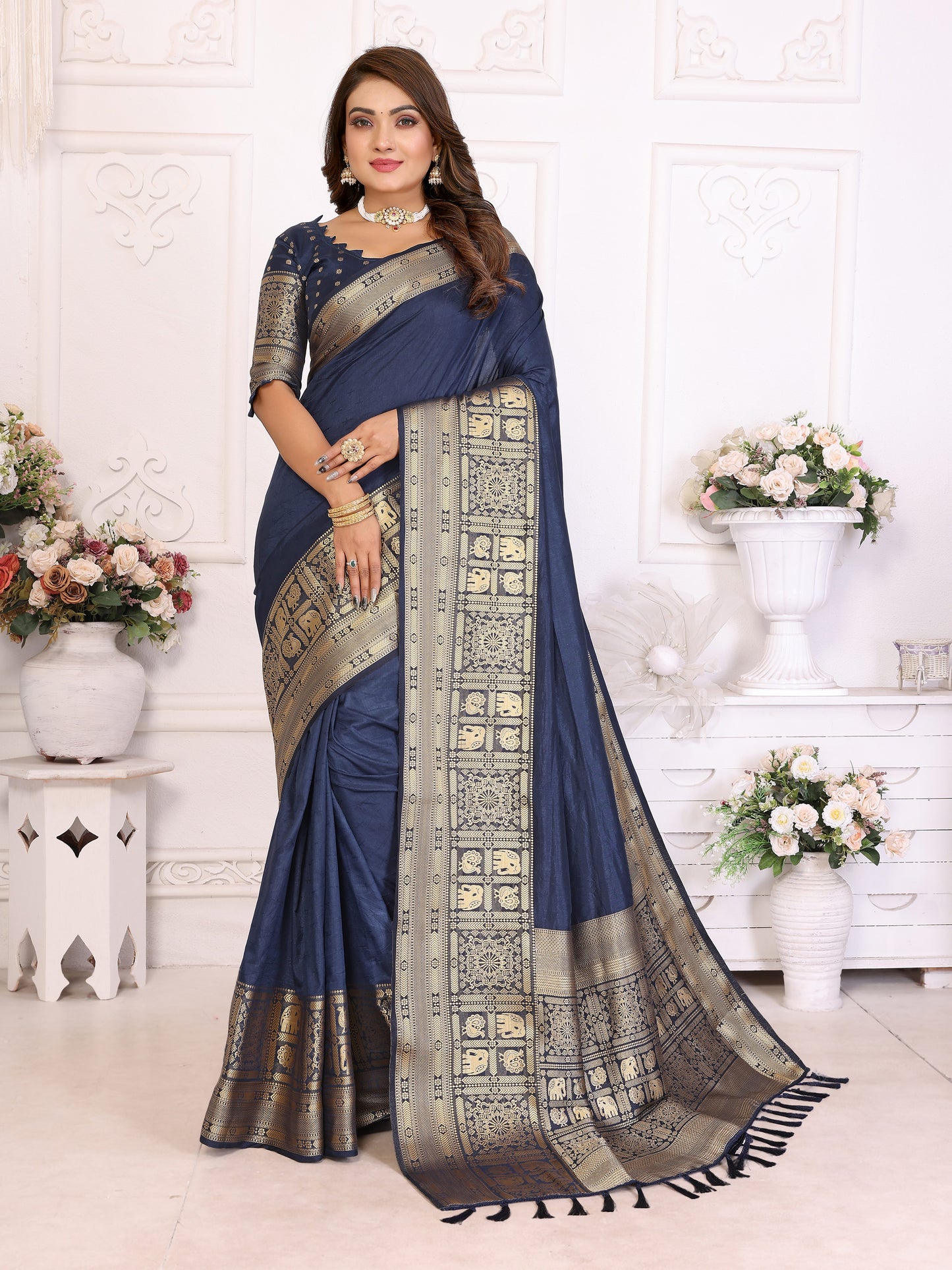 Navy Blue Silk Couple Set Kurta and Saree with Jacquard Border