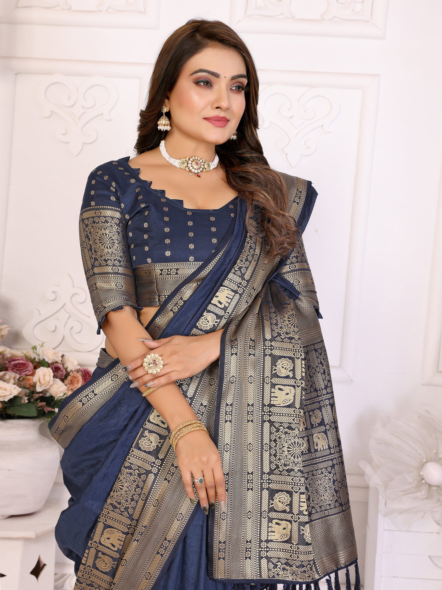 Navy Blue Silk Couple Set Kurta and Saree with Jacquard Border