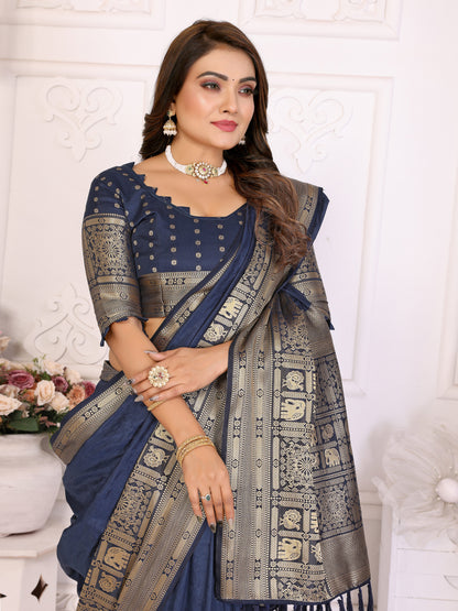 Navy Blue Silk Couple Set Kurta and Saree with Jacquard Border