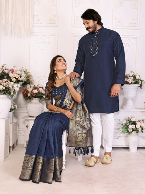 Navy Blue Silk Couple Set Kurta and Saree with Jacquard Border