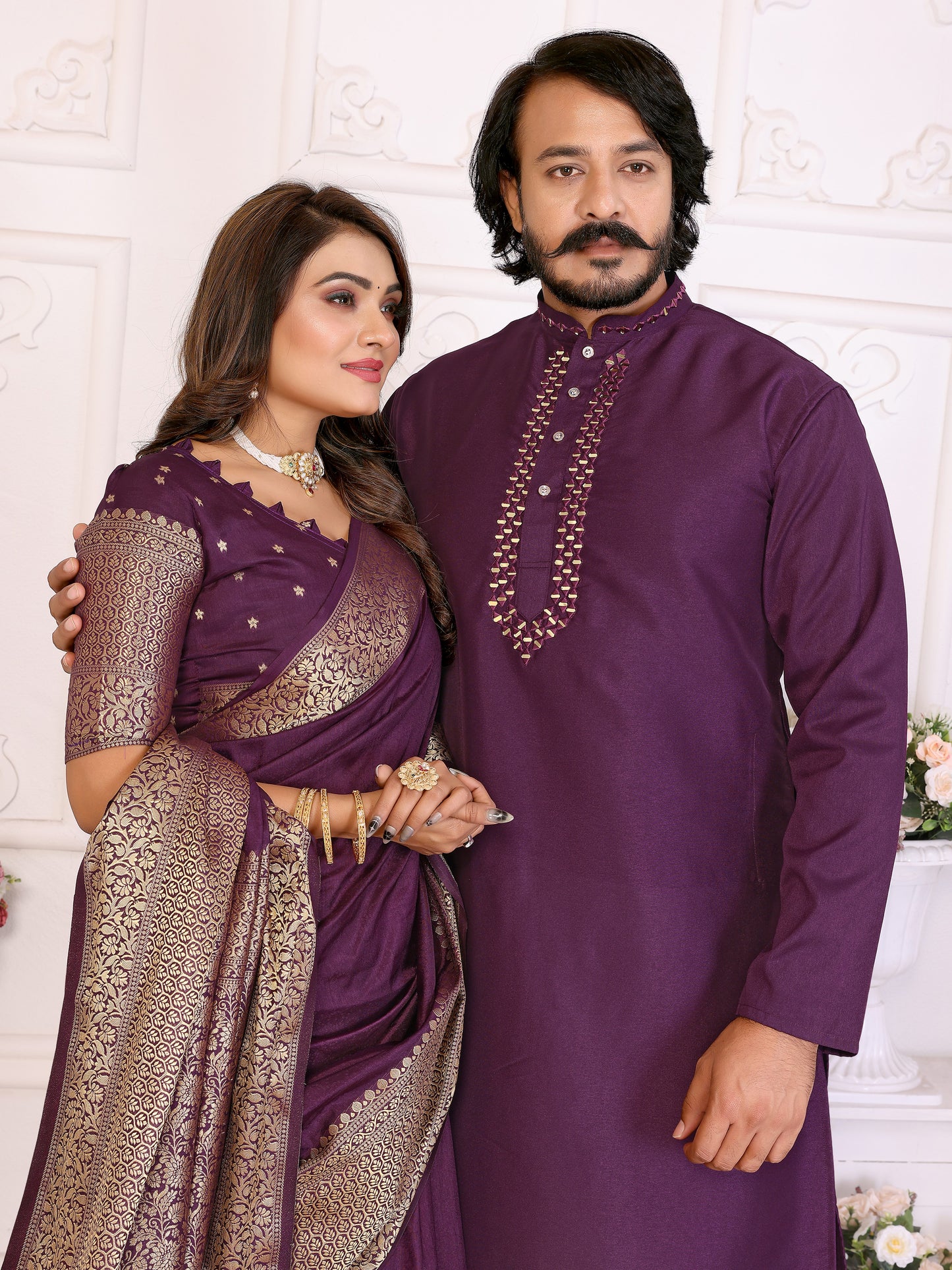 Wine Silk Couple Set Kurta and Saree with Jacquard Border