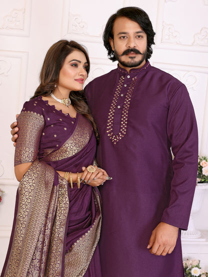 Wine Silk Couple Set Kurta and Saree with Jacquard Border