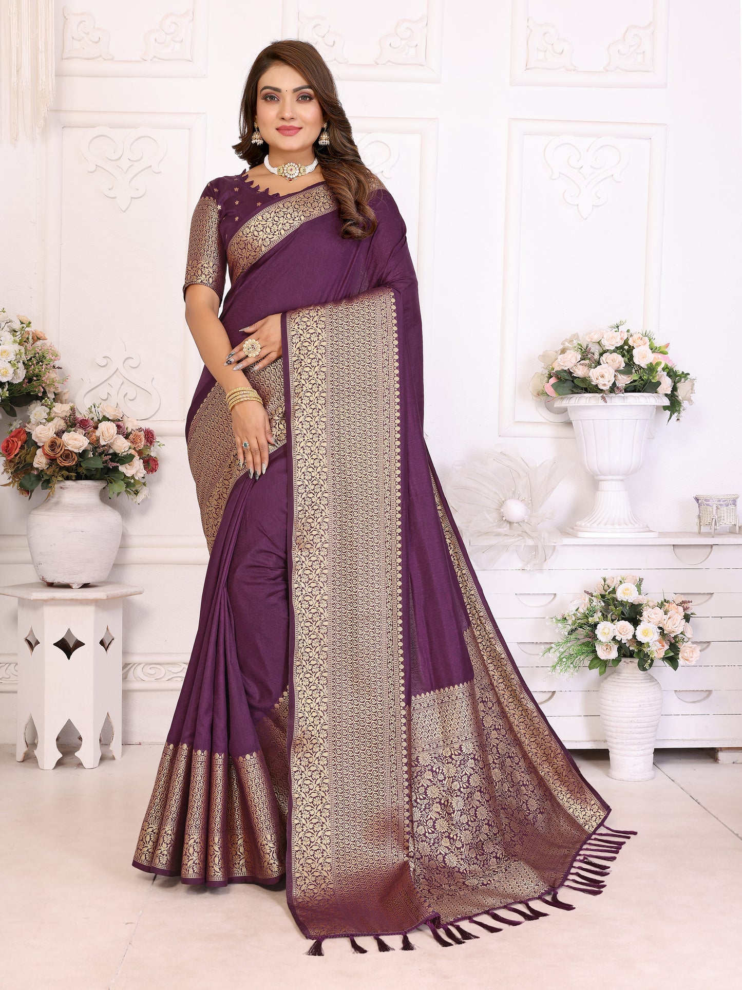 Wine Silk Couple Set Kurta and Saree with Jacquard Border